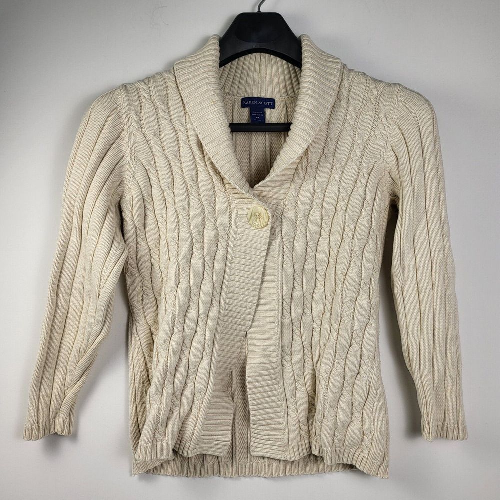Karen Scott One Botton Open cream cable knit cardigan Medium Career Office Lagan